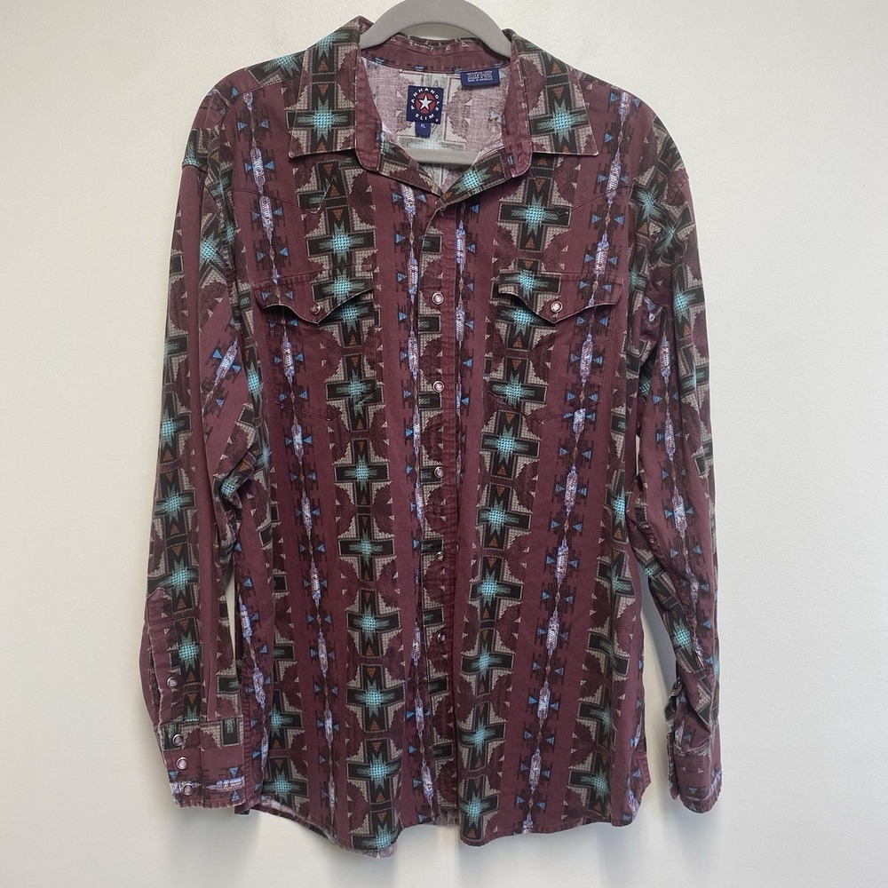 Vintage Panhandle Slim Mens XL Western Shirt Rodeo Southwest Geometric Burgundy - Picture 2 of 7